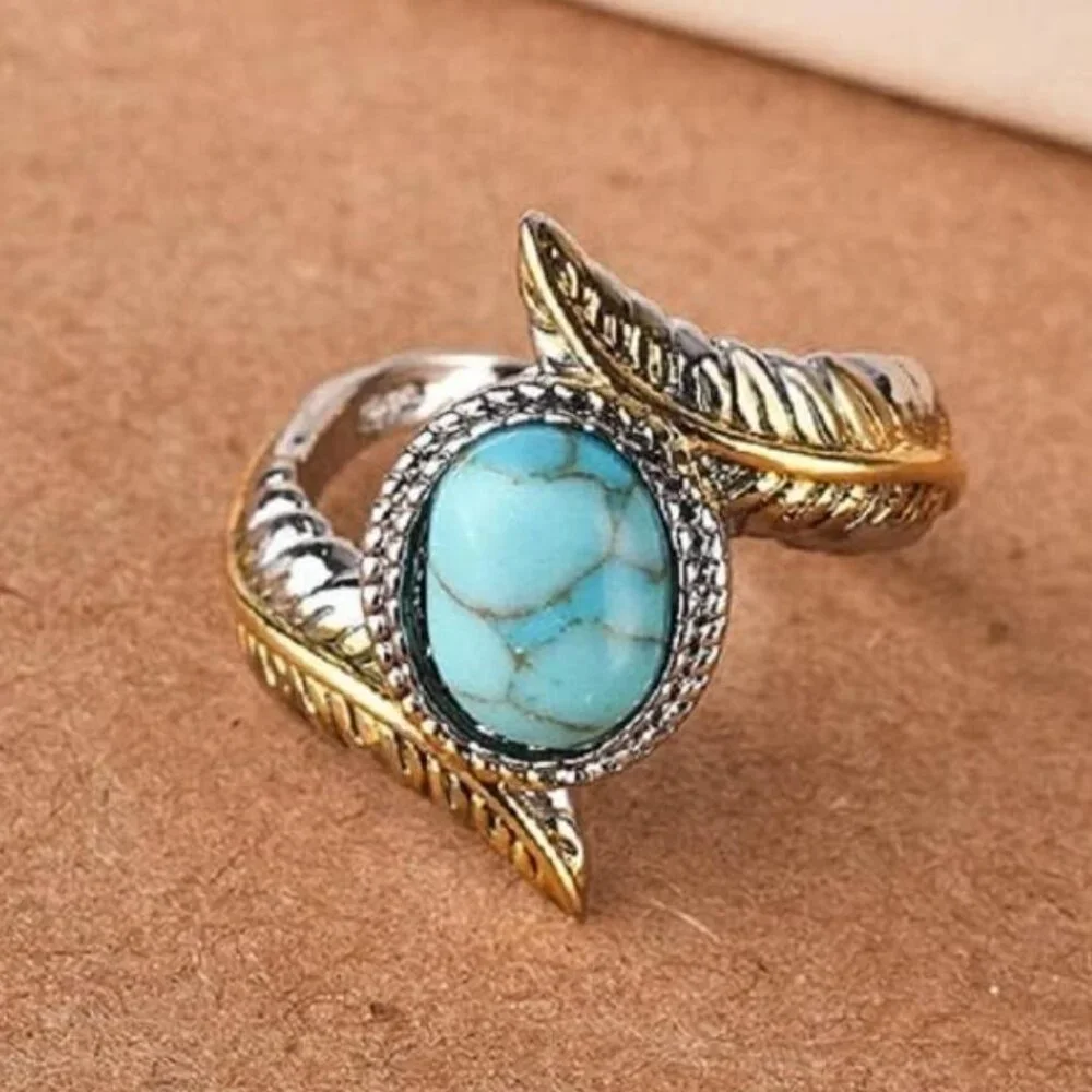 Silver Turquoise Feather Ring Womens Silver‎ Gold Plated Party Wedding